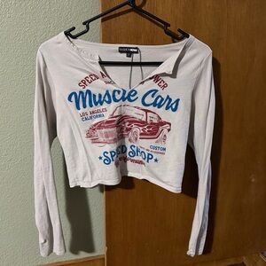 Fashion Nova White Long Sleeve 'Muscle Cars' Graphic Crop Top